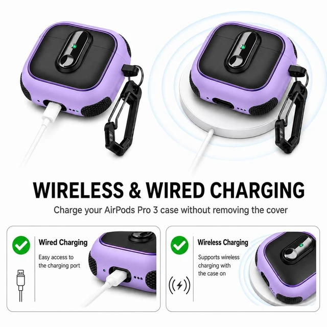 Alt view image 5 of 7 - Case for AirPods Pro 3 (2025), Secure Lock Rugged Protective Cover, Compatible with MagSafe Wireless Charging, with Carabiner, Cleaning Brush & Anti-Loss Lanyard (Purple+Black)