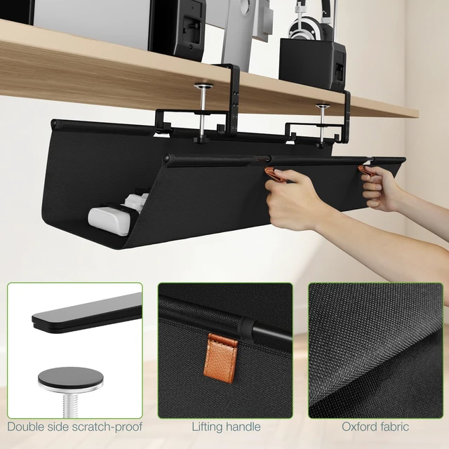 Alt view image 6 of 7 - Under Desk Cable Management Tray, 40 inch No Drill Cord Organizer Adjustable Clamp/Screw Mount, Sturdy Oxford Fabric, Wire Management Tray for Power Strips, Home Office & Gaming Desk, Black