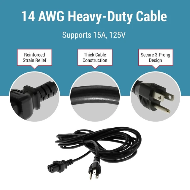 Alt view image 5 of 7 - Heavy Duty AC Power Cord 10ft, 14AWG NEMA 5-15P to IEC C15 14 AWG, 15A/125V Power Cable for Home, Office, Appliances, Electronics and Power Tools, Black