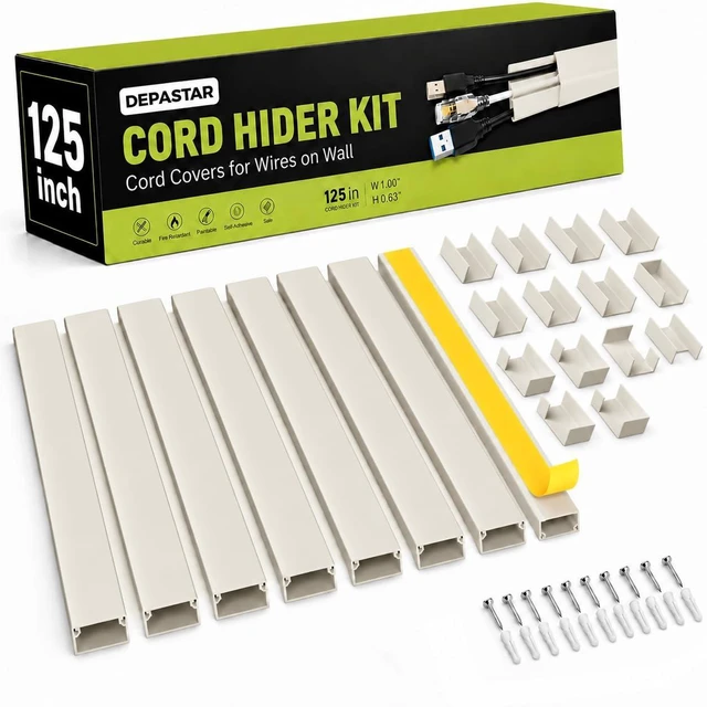 Main image of 125 Cord Hider Kit, Beige Cable Raceway for Wall Mounted TV Wires, Wire Cover with Adhesive Tape, Screws and Connectors for Home Office Cord Management