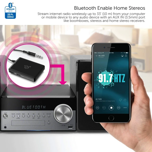 Alt view image 3 of 7 - iStream AIS01F Bluetooth Audio Receiver Adapter w/ Attached Cable for Smart Phone to Home Stereo, Car, Speakers