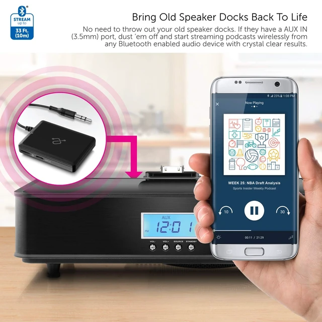Alt view image 4 of 7 - iStream AIS01F Bluetooth Audio Receiver Adapter w/ Attached Cable for Smart Phone to Home Stereo, Car, Speakers