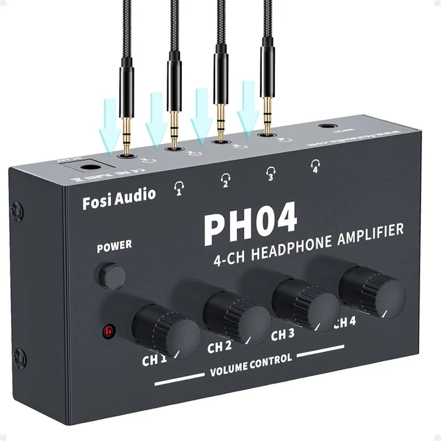 Main image of PH04 4 Channel Headphone Amplifier with 12V 1A Power Adapter Crystal-Clear Sound Quality, Low-Noise Audio Distribution, Compact, Space-Saving Design, Plug & Play Convenience