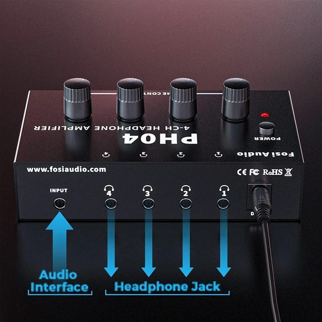 Alt view image 2 of 7 - PH04 4 Channel Headphone Amplifier with 12V 1A Power Adapter Crystal-Clear Sound Quality, Low-Noise Audio Distribution, Compact, Space-Saving Design, Plug & Play Convenience