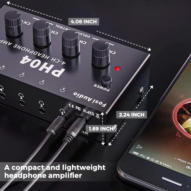 Alt view image 5 of 7 - PH04 4 Channel Headphone Amplifier with 12V 1A Power Adapter Crystal-Clear Sound Quality, Low-Noise Audio Distribution, Compact, Space-Saving Design, Plug & Play Convenience