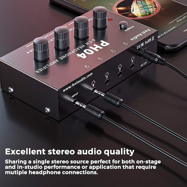 Alt view image 6 of 7 - PH04 4 Channel Headphone Amplifier with 12V 1A Power Adapter Crystal-Clear Sound Quality, Low-Noise Audio Distribution, Compact, Space-Saving Design, Plug & Play Convenience