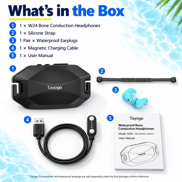 Alt view image 7 of 7 - IPX8 Swimming Headphones with Bone Conduction, MP3 and FM Radio W24 Rock Pro MP3, Bluetooth, FM & T6 Receiver Mode No Ear Hooks or In-Ear Tips T6 Sold Separately
