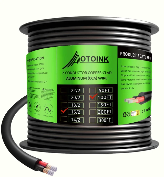 Main image of 100 Feet 16 Gauge 2 Conductors Electrical Wire Extension Cable 16/2 CCA 16 AWG for Speaker,LED Strips,Automotive,Lamps