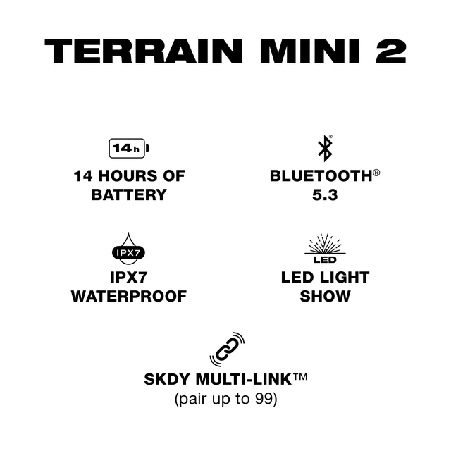 Alt view image 7 of 7 - Skullcandy Terrain Mini 2 Bluetooth Speaker, IPX7, 14-Hour Battery Water-Resistant, Multi-Link up to 99 Speakers, Lightweight, Portable, LED Light Show, Rechargeable Battery, Carry Strap