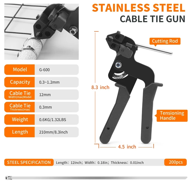 Alt view image 2 of 7 - Metal Zip Ties Gun KitStainless Steel Zip Ties Tool Set with 200pcs 12inch Metal Zip Ties heavy duty outdoor(300LBS) and Industrial Cutting Tool,Corrosion Resistant for Fence, Pipe, Industrial Use