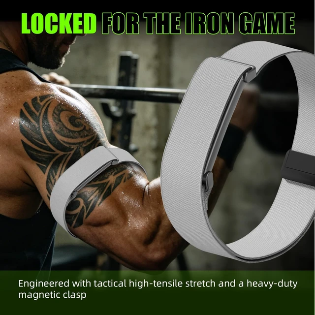 Alt view image 5 of 7 - Magnetic Bicep Band for Google Fitbit Air,Nylon Arm Strap (Light Grey) Elastic Sport Armband Ankle Nylon Bicep Bands with Magnet Clasp for Women Men,Breathable Replacement Strap for Gym Running