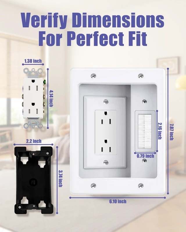 Alt view image 6 of 7 - Wall Cable Concealer Kit, Upgraded Recessed TV Outlet Box-Two-Hole Socket with Cable Management Box, Hider in Wall Cable Management Kit Safe Hide Power Cables & Low Voltage Wires Fits All Plugs