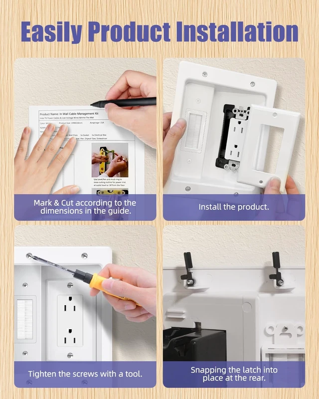 Alt view image 7 of 7 - Wall Cable Concealer Kit, Upgraded Recessed TV Outlet Box-Two-Hole Socket with Cable Management Box, Hider in Wall Cable Management Kit Safe Hide Power Cables & Low Voltage Wires Fits All Plugs