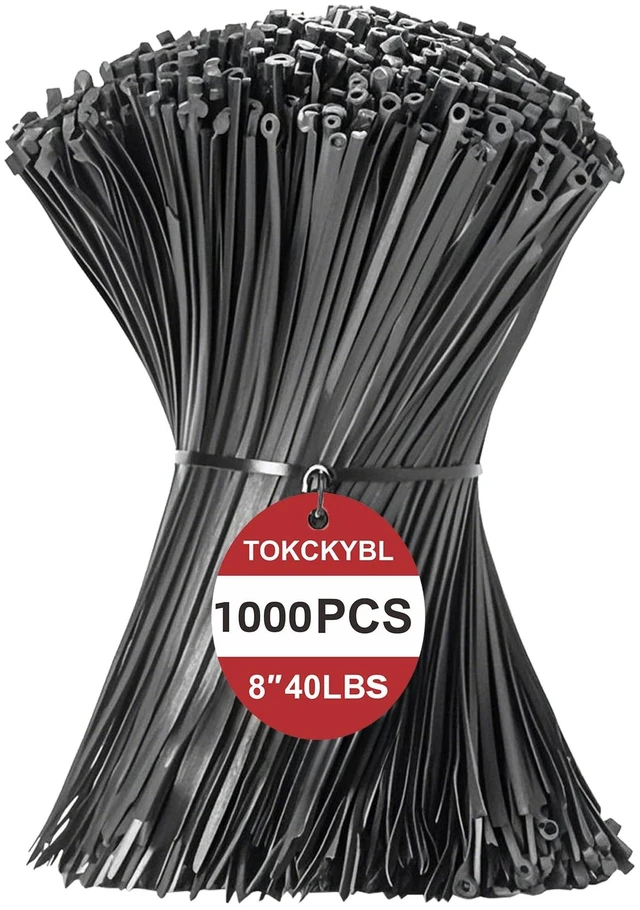 Main image of 8 Inch Zip Ties (1000 Pack) Heavy Duty 40lbs Tensile Strength UV Resistant Black Cable Ties for Indoor & Outdoor Use, Durable Nylon Wire Ties for Organizing Cables, Garden, Garage