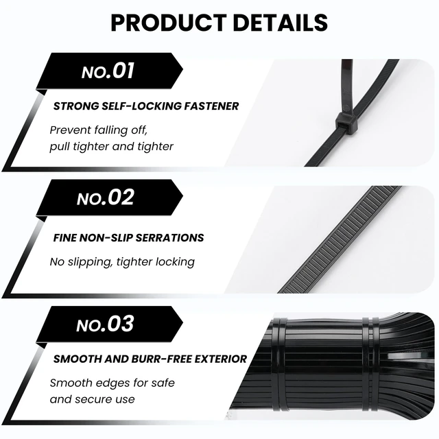 Alt view image 4 of 7 - 8 Inch Zip Ties (1000 Pack) Heavy Duty 40lbs Tensile Strength UV Resistant Black Cable Ties for Indoor & Outdoor Use, Durable Nylon Wire Ties for Organizing Cables, Garden, Garage