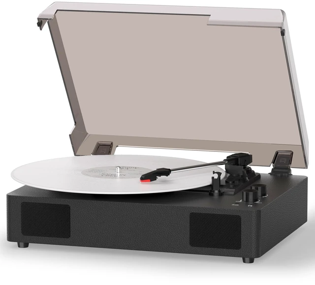 Main image of Black Bluetooth Record Player, 3-Speed Belt Drive Turntable Classic black design with Bluetooth, 3-speed playback, tone control, stereo speakers, dust cover, AUX and RCA output