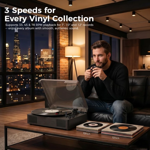 Alt view image 3 of 7 - Black Bluetooth Record Player, 3-Speed Belt Drive Turntable Classic black design with Bluetooth, 3-speed playback, tone control, stereo speakers, dust cover, AUX and RCA output