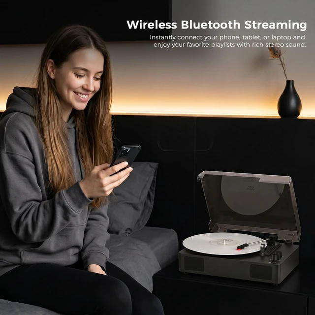 Alt view image 5 of 7 - Black Bluetooth Record Player, 3-Speed Belt Drive Turntable Classic black design with Bluetooth, 3-speed playback, tone control, stereo speakers, dust cover, AUX and RCA output