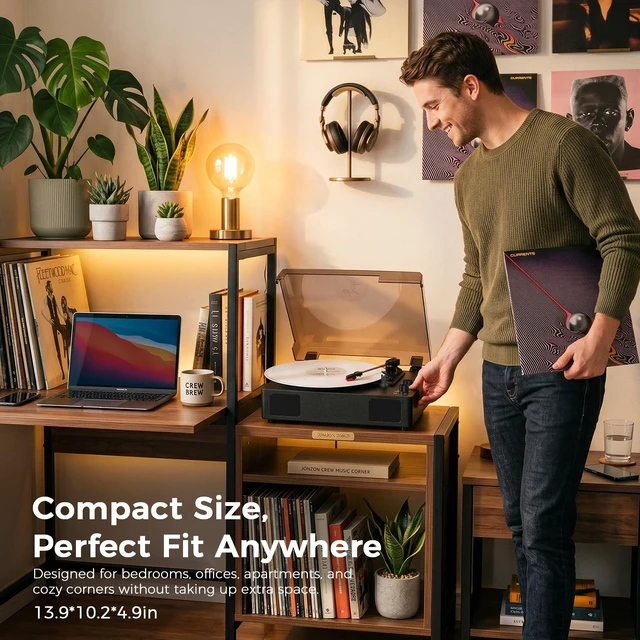 Alt view image 7 of 7 - Black Bluetooth Record Player, 3-Speed Belt Drive Turntable Classic black design with Bluetooth, 3-speed playback, tone control, stereo speakers, dust cover, AUX and RCA output