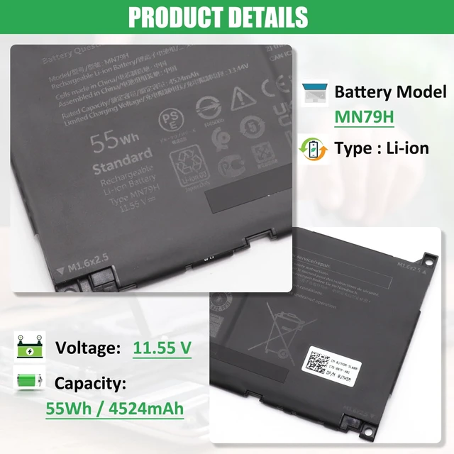 Alt view image 2 of 7 - MN79H Battery Replacement for Dell XPS 13 Plus 9320 For XPS9320-7523BLK-PUS XPS9320-7585SLV-PUS Series Notebook, J7H5M 0J7H5M NXRKW 0NXRKW, 11.55V 55Wh 4524mAh