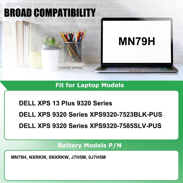Alt view image 3 of 7 - MN79H Battery Replacement for Dell XPS 13 Plus 9320 For XPS9320-7523BLK-PUS XPS9320-7585SLV-PUS Series Notebook, J7H5M 0J7H5M NXRKW 0NXRKW, 11.55V 55Wh 4524mAh