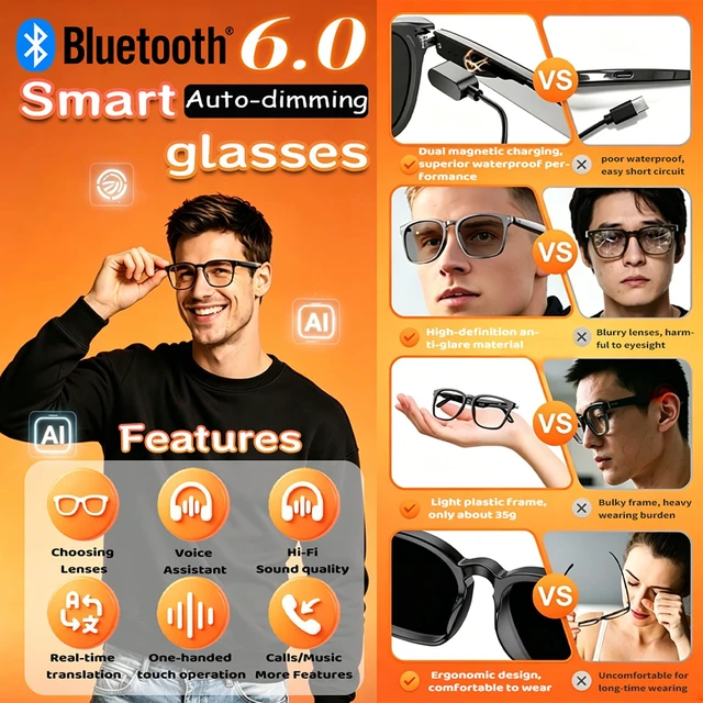 Alt view image 2 of 7 - Smart Bluetooth Glasses for Men Women, Bluetooth Audio Glasses Wireless Headphone Sunglasses for AI Assistant, Meeting Transcription, Open-Ear Music, Hands-Free Calling, Gradient Lens