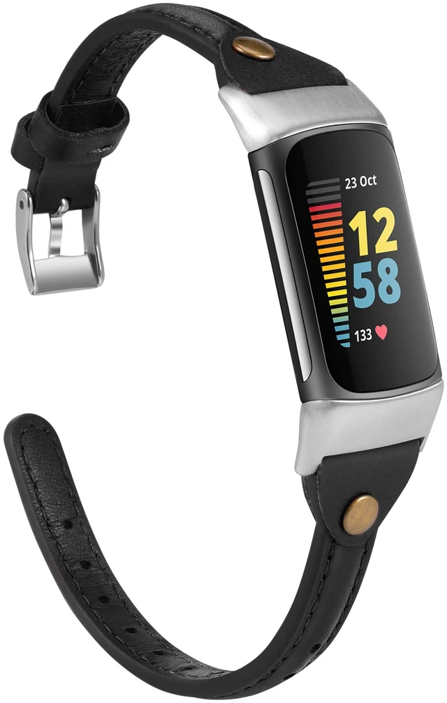 Main image of Slim Leather Band Compatible with Fitbit Charge 5/Charge 6 Bands Thin Leather Watch Strap Replacement Wristband Accessories for Fitbit Charge 6 5 Band Women Men