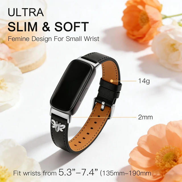 Alt view image 3 of 6 - Slim Leather Bands For Fitbit Inspire 3 Bands,Black/Silver Feminine,Design,Bee,for fitbit inspire 3