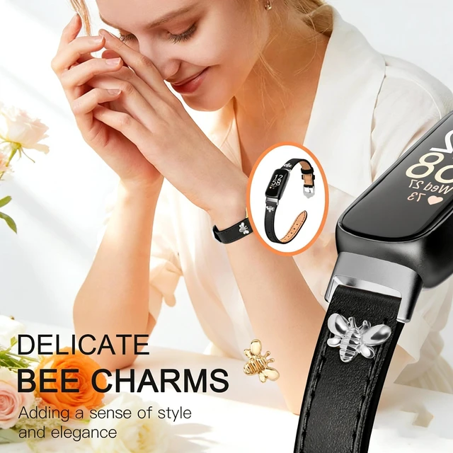 Alt view image 2 of 6 - Slim Leather Bands For Fitbit Inspire 3 Bands,Black/Silver Feminine,Design,Bee,for fitbit inspire 3