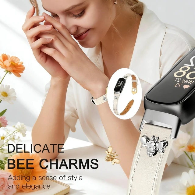 Alt view image 2 of 6 - Slim Leather Bands For Fitbit Inspire 3 Bands,Beige/Silver Feminine,Design,Bee,for fitbit inspire 3