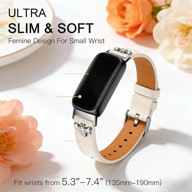 Alt view image 3 of 6 - Slim Leather Bands For Fitbit Inspire 3 Bands,Beige/Silver Feminine,Design,Bee,for fitbit inspire 3