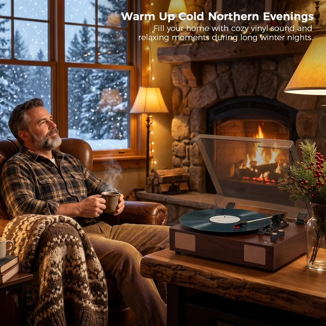 Alt view image 2 of 7 - Brown Bluetooth Record Player, 3-Speed Belt Drive Turntable Warm brown design with Bluetooth, 3-speed playback, stereo speakers, AUX, RCA and headphone output for home listening