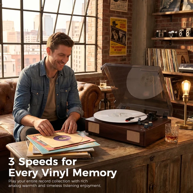 Alt view image 3 of 7 - Brown Bluetooth Record Player, 3-Speed Belt Drive Turntable Warm brown design with Bluetooth, 3-speed playback, stereo speakers, AUX, RCA and headphone output for home listening