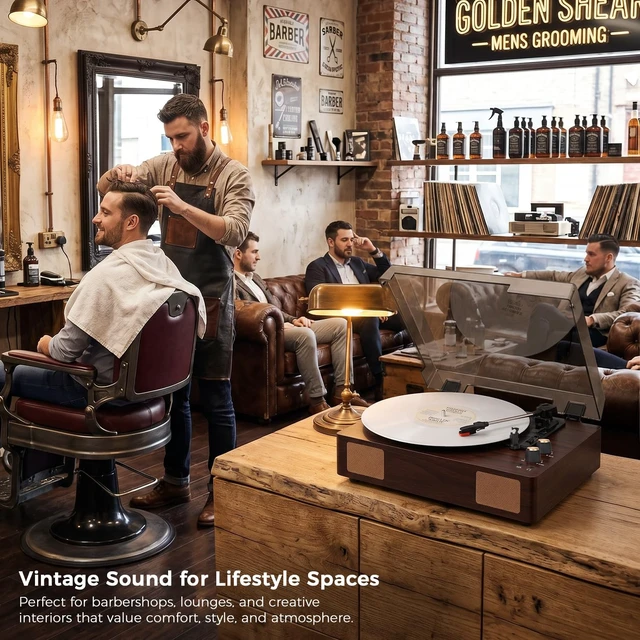 Alt view image 4 of 7 - Brown Bluetooth Record Player, 3-Speed Belt Drive Turntable Warm brown design with Bluetooth, 3-speed playback, stereo speakers, AUX, RCA and headphone output for home listening