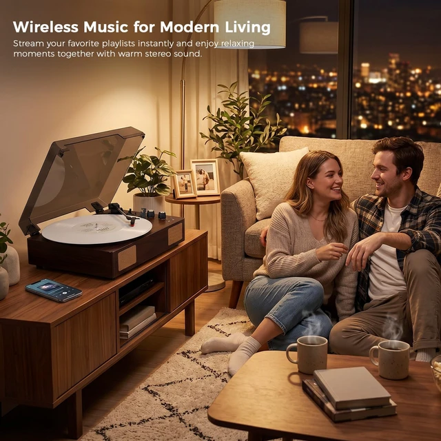 Alt view image 5 of 7 - Brown Bluetooth Record Player, 3-Speed Belt Drive Turntable Warm brown design with Bluetooth, 3-speed playback, stereo speakers, AUX, RCA and headphone output for home listening