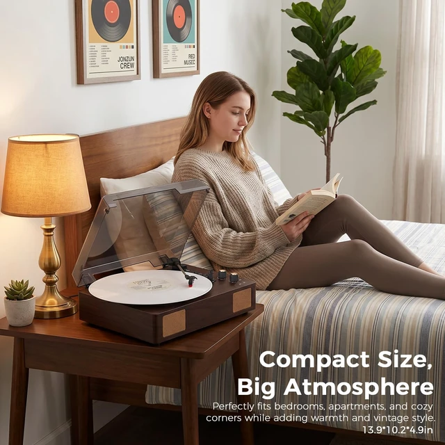 Alt view image 7 of 7 - Brown Bluetooth Record Player, 3-Speed Belt Drive Turntable Warm brown design with Bluetooth, 3-speed playback, stereo speakers, AUX, RCA and headphone output for home listening