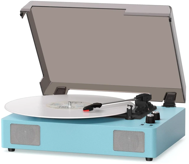 Main image of Blue Bluetooth Record Player, 3-Speed Belt Drive Turntable Vibrant blue design with Bluetooth, 3-speed playback, stereo speakers, auto stop, AUX, RCA and headphone output