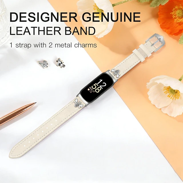 Alt view image 6 of 6 - Slim Leather Bands For Fitbit Inspire 3 Bands,Beige/Silver Feminine,Design,Bee,for fitbit inspire 3