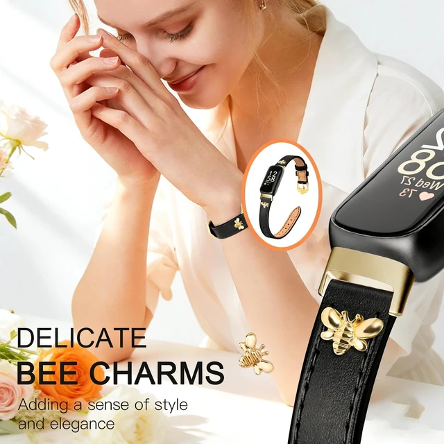 Alt view image 2 of 6 - Slim Leather Bands For Fitbit Inspire 3 Bands,Black/Gold Feminine,Design,Bee,for fitbit inspire 3