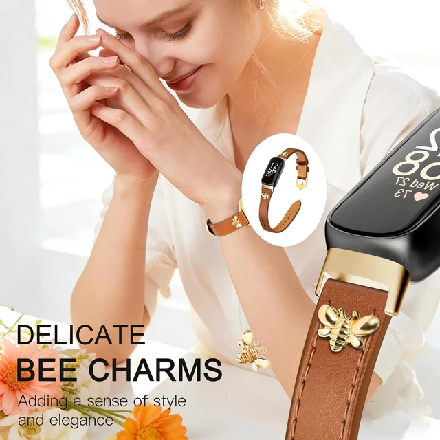 Alt view image 2 of 6 - Slim Leather Bands For Fitbit Inspire 3 Bands,Brown/Gold Feminine,Design,Bee,for fitbit inspire 3