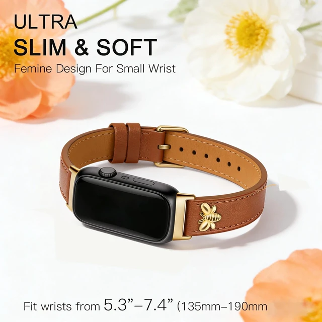 Alt view image 3 of 6 - Slim Leather Bands For Fitbit Inspire 3 Bands,Brown/Gold Feminine,Design,Bee,for fitbit inspire 3