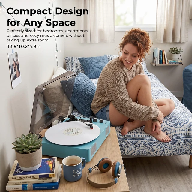 Alt view image 3 of 7 - Blue Bluetooth Record Player, 3-Speed Belt Drive Turntable Vibrant blue design with Bluetooth, 3-speed playback, stereo speakers, auto stop, AUX, RCA and headphone output