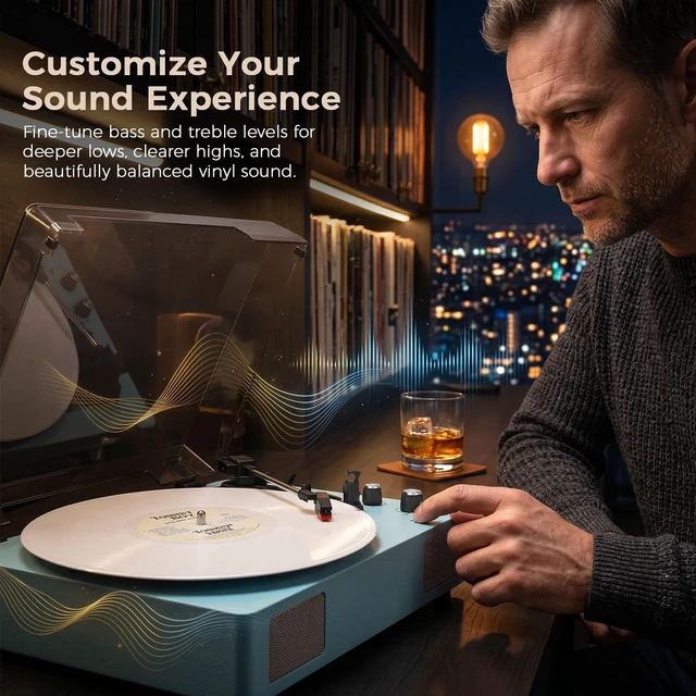 Alt view image 4 of 7 - Blue Bluetooth Record Player, 3-Speed Belt Drive Turntable Vibrant blue design with Bluetooth, 3-speed playback, stereo speakers, auto stop, AUX, RCA and headphone output