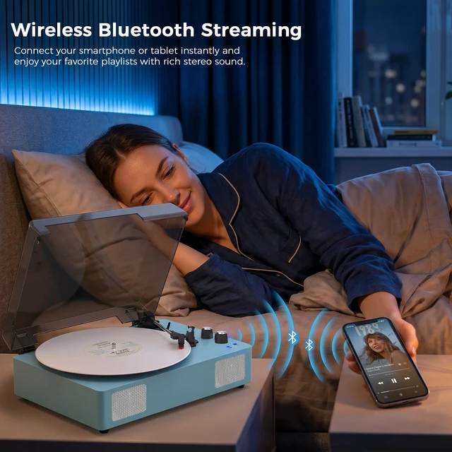 Alt view image 6 of 7 - Blue Bluetooth Record Player, 3-Speed Belt Drive Turntable Vibrant blue design with Bluetooth, 3-speed playback, stereo speakers, auto stop, AUX, RCA and headphone output