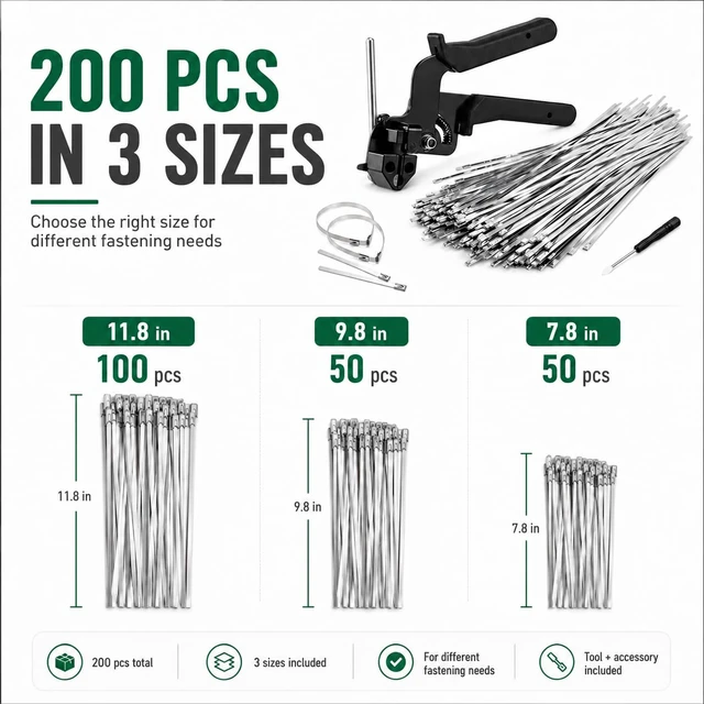 Alt view image 5 of 7 - Cable Tie Gun Kit with 200Pcs 304 Stainless Steel Zip Ties for Fence Repair 3 mixed sizes:50Pcs7.8",50Pcs9.8",100Pcs11.8".For chicken coop,chain link fence and exhaust wrap repair