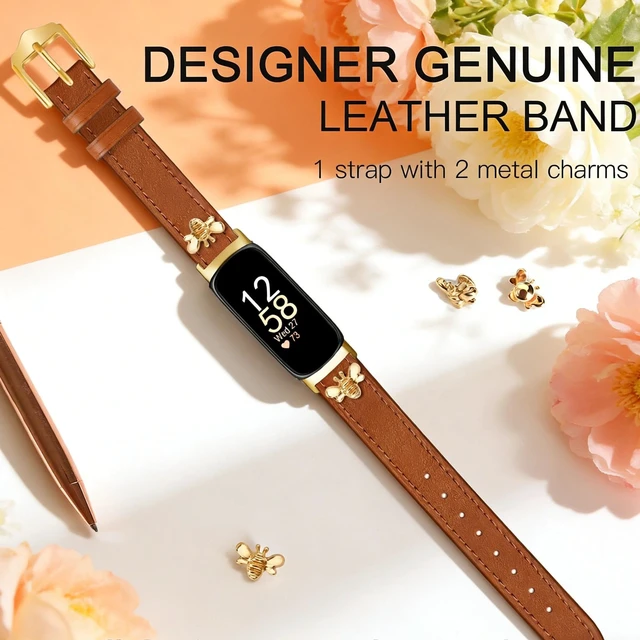 Alt view image 6 of 6 - Slim Leather Bands For Fitbit Inspire 3 Bands,Brown/Gold Feminine,Design,Bee,for fitbit inspire 3