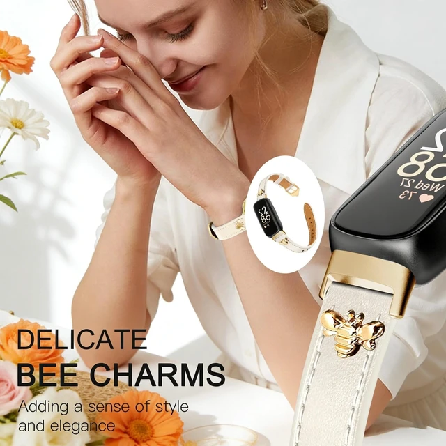 Alt view image 2 of 6 - Slim Leather Bands For Fitbit Inspire 3 Bands,Beige/Gold Feminine,Design,Bee,for fitbit inspire 3