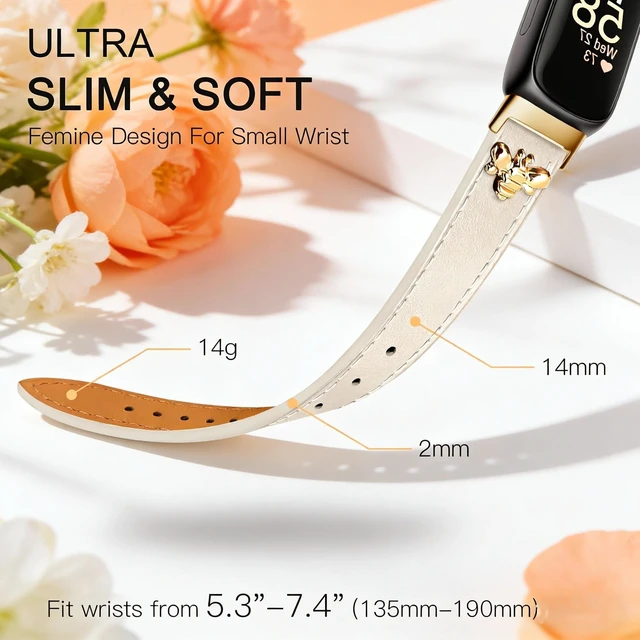 Alt view image 3 of 6 - Slim Leather Bands For Fitbit Inspire 3 Bands,Beige/Gold Feminine,Design,Bee,for fitbit inspire 3
