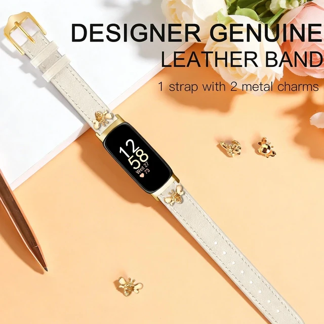 Alt view image 6 of 6 - Slim Leather Bands For Fitbit Inspire 3 Bands,Beige/Gold Feminine,Design,Bee,for fitbit inspire 3