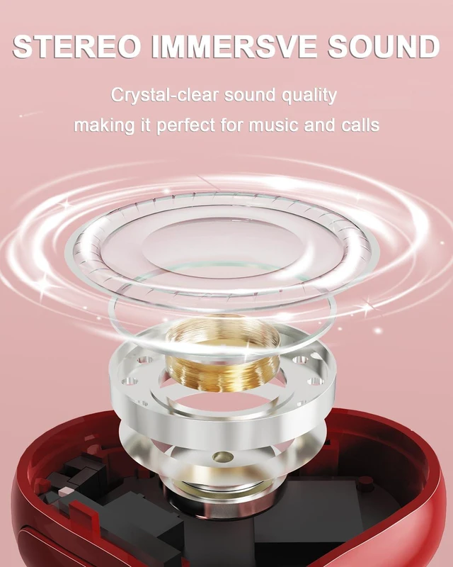 Alt view image 2 of 7 - Heart Wireless Earbuds for Girls, Cute Stylish HiFi Stereo Bluetooth Headphones with Noise Cancelling Mic, IP7 Waterproof 48H True Wireless Heart Ear Buds, Red Wireless headphones Gifts for Women
